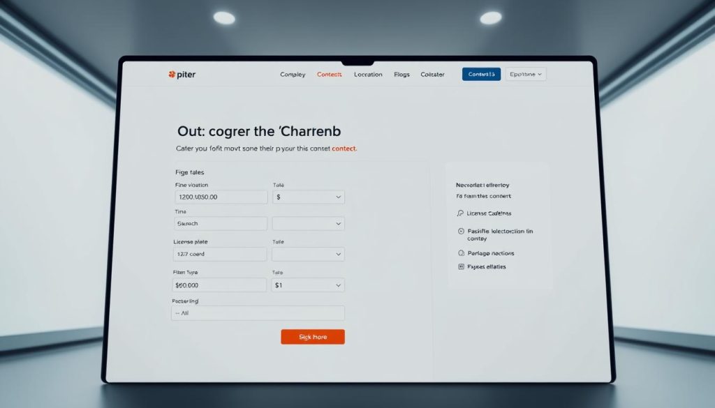 A modern, clean-looking web interface with a sleek, user-friendly design. In the foreground, a well-organized online form with fields for inputting details related to contesting a traffic violation, such as fine amount, location, and license plate. The middle ground features a navigation menu with clear options for the various steps of the contest procedure. The background showcases a subtle geometric pattern or minimalist cityscape, conveying a sense of professionalism and efficiency. Soft, indirect lighting creates a calm, authoritative atmosphere, while the camera angle suggests a frontal, eye-level perspective for an accessible, approachable user experience.