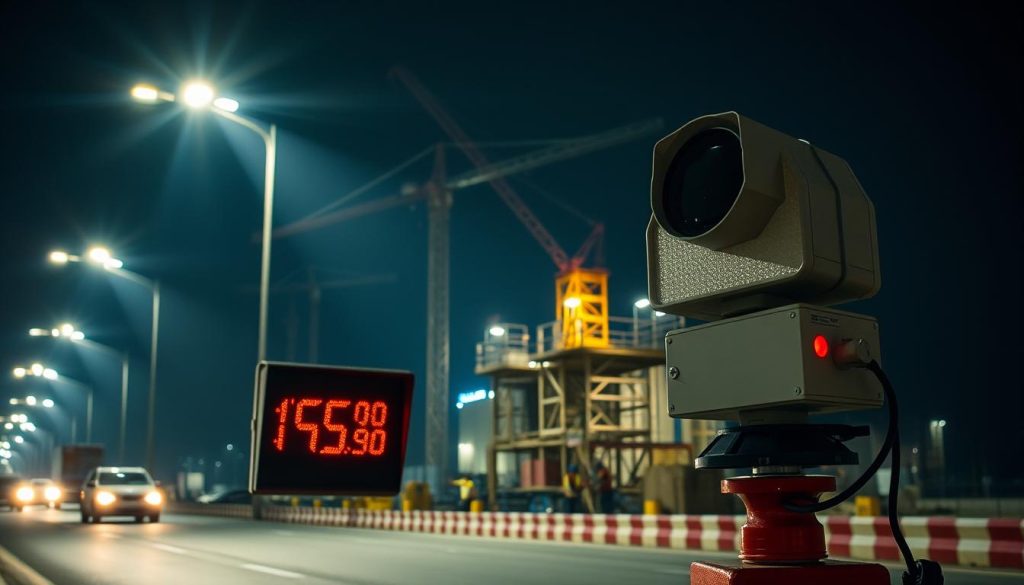 A night construction site illuminated by powerful floodlights, with a mobile speed camera radar unit prominently positioned in the foreground. The radar unit's LED display is visible, capturing vehicle movement data. In the middle ground, construction workers, cranes, and scaffolding create a dynamic industrial scene. The background is shrouded in darkness, emphasizing the nighttime setting. The overall atmosphere is one of diligent surveillance, with the radar unit's function to monitor traffic during off-peak hours clearly evident.