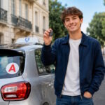 Jeune conducteur avec ses clés devant une voiture d’auto-école