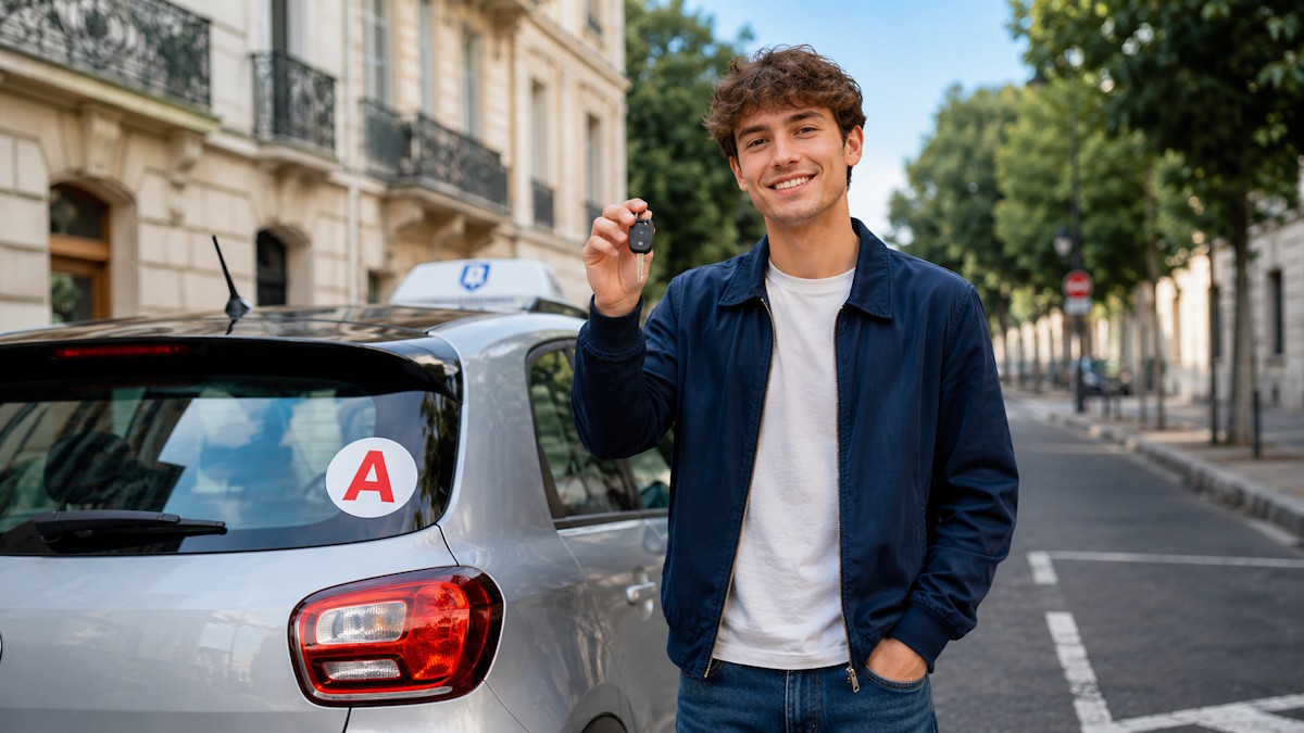 Jeune conducteur avec ses clés devant une voiture d’auto-école