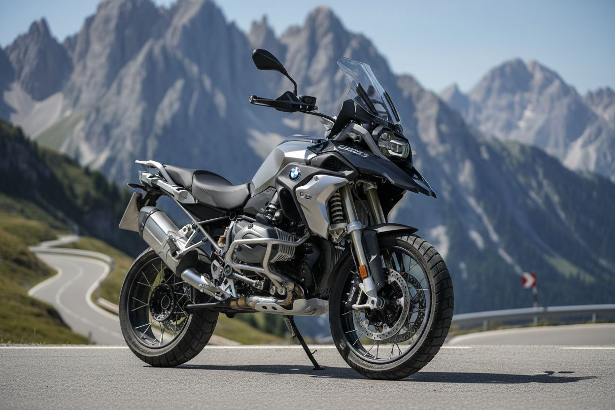 Moto BMW stationnée sur une route de montagne
