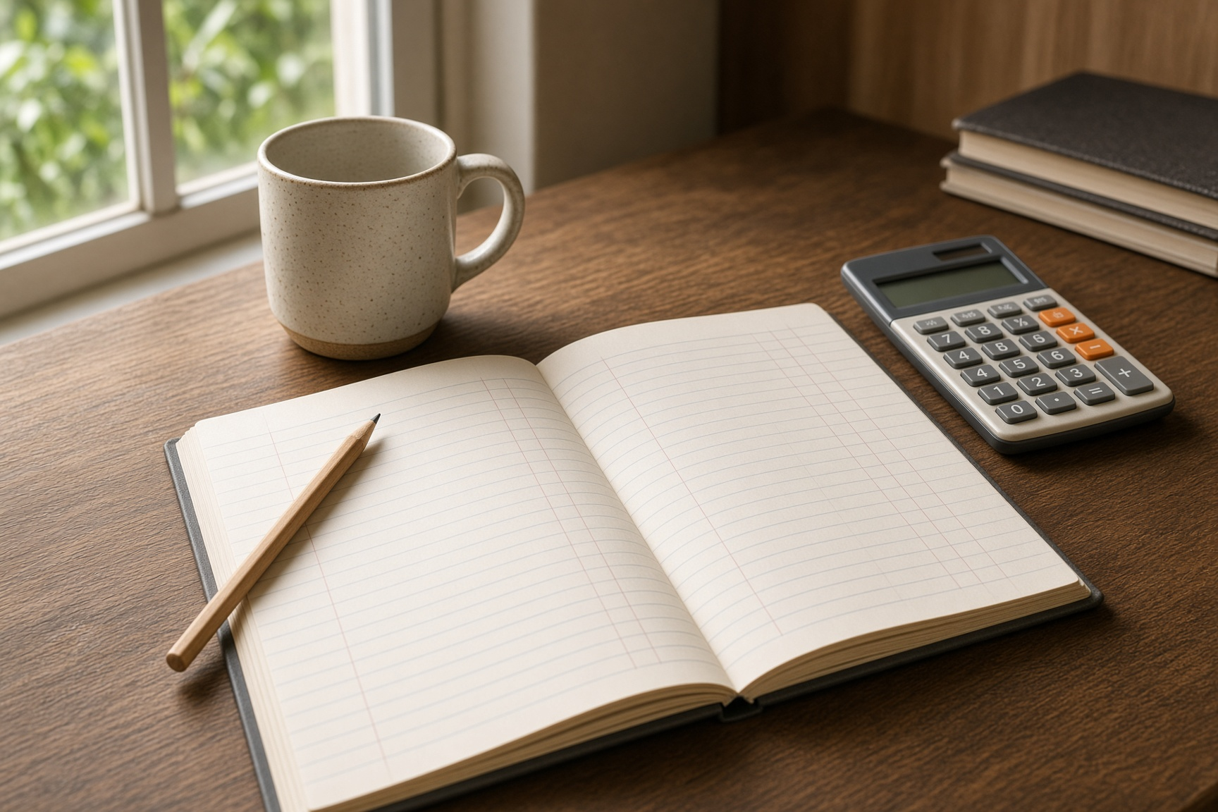 Carnet ouvert, crayon et calculatrice sur un bureau
