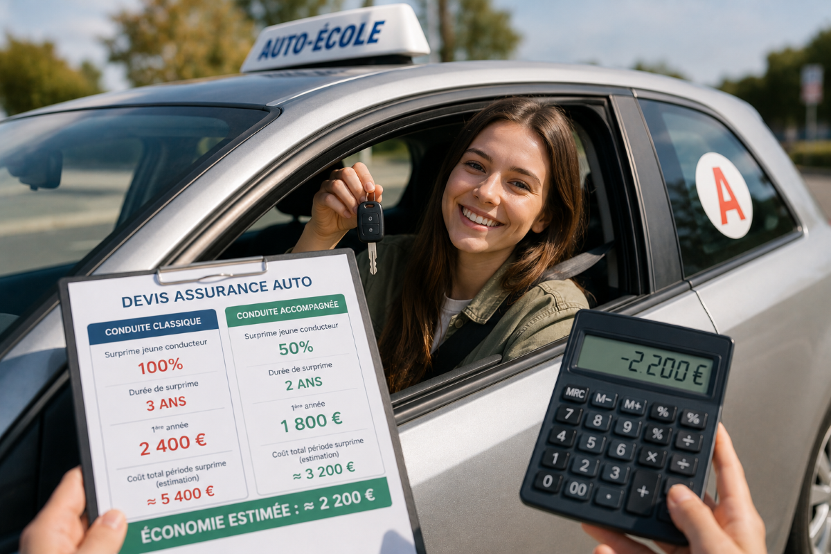 Jeune conductrice en conduite accompagnée avant de souscrire sa première assurance auto