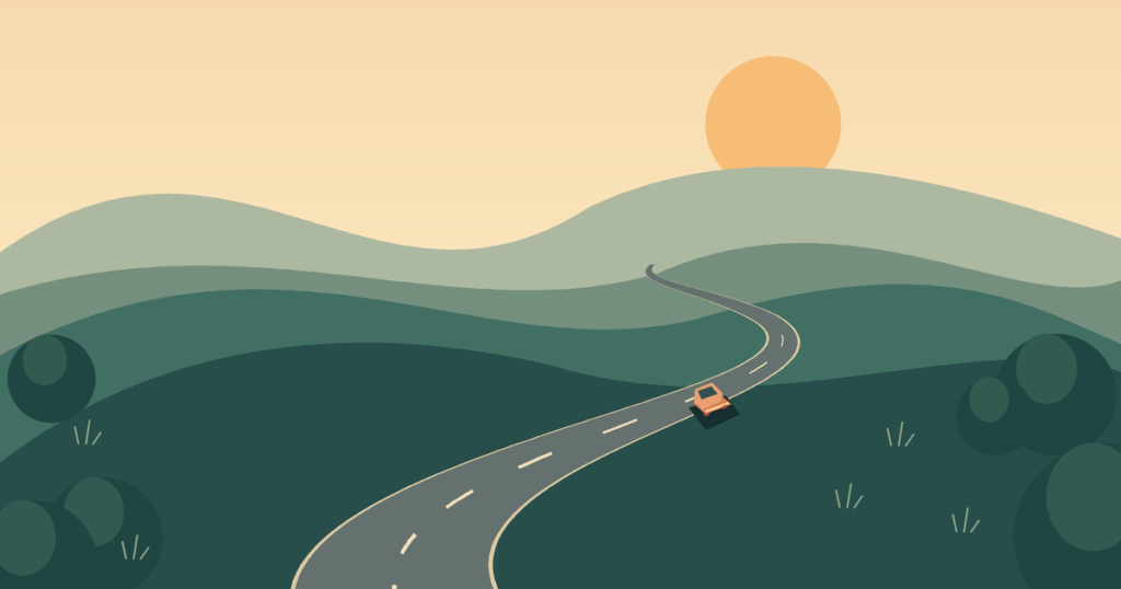 Illustration d’une voiture sur une route sinueuse entre les collines au soleil couchant