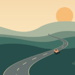 Illustration d’une voiture sur une route sinueuse entre les collines au soleil couchant